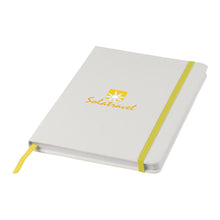 Load image into Gallery viewer, White A5 Spectrum Coloured Strap Notebook - Crisp Branding